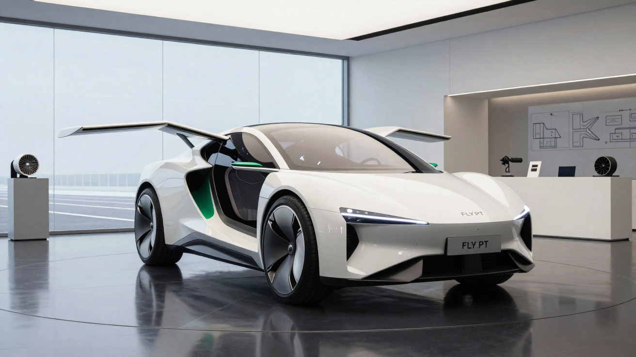 Carro esportivo elétrico branco futurista em exposição indoor com portas asa de gaivota abertas.