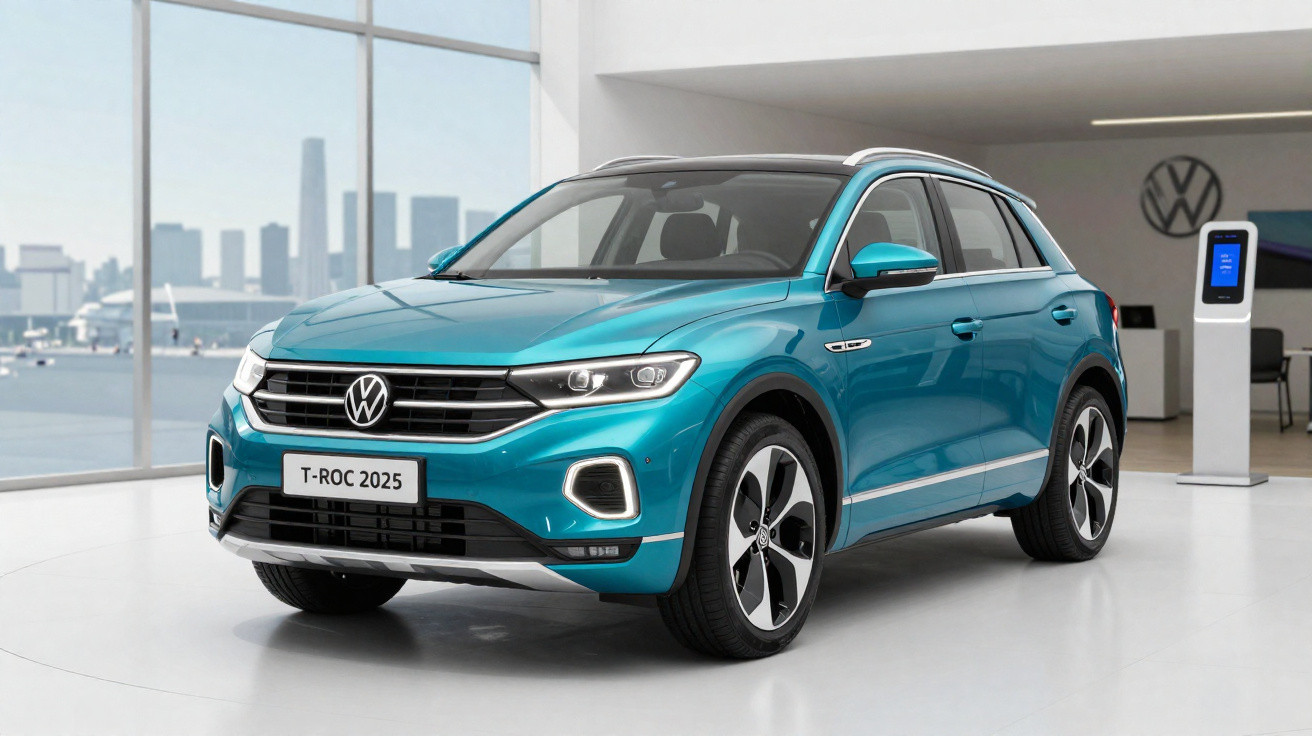 SUV Volkswagen T-Roc 2025 azul exibido em showroom moderno com grande janela de vidro ao fundo.