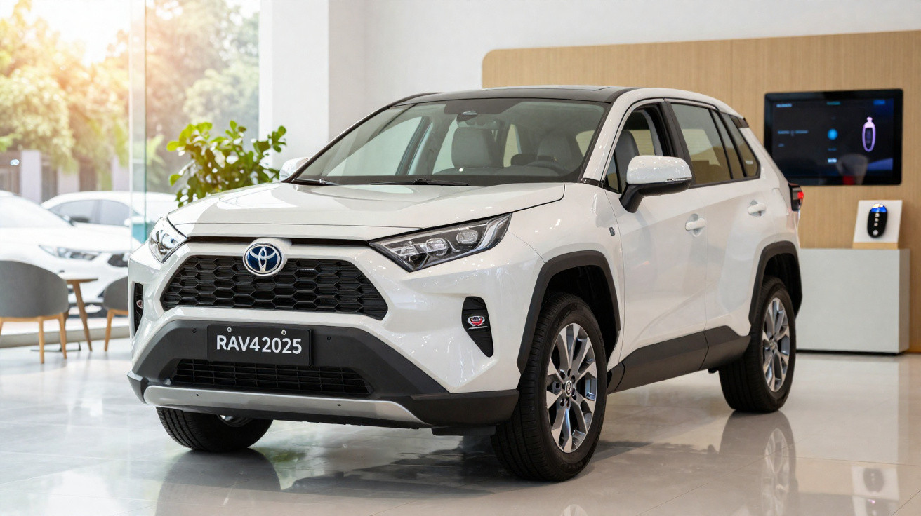 Carro SUV branco Toyota RAV4 2025 em showroom moderno com iluminação natural.