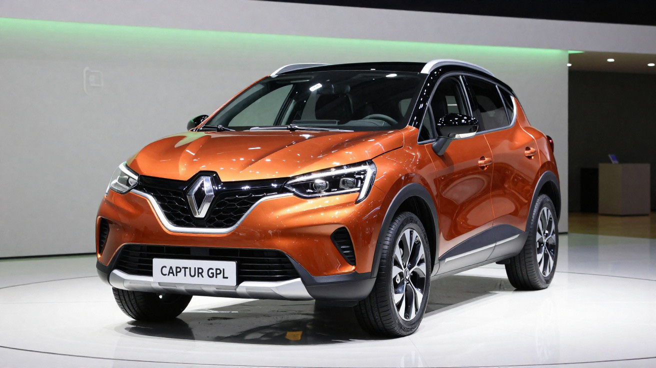 Carro SUV Renault Captur GPL na cor laranja exposto em ambiente interno com iluminação branca e detalhes em verde.