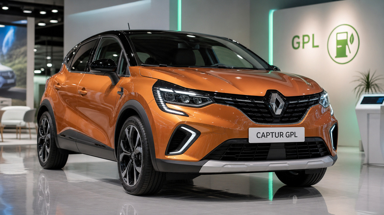 Carro Renault Captur GPL laranja em exposição interna com iluminação moderna e piso refletivo.