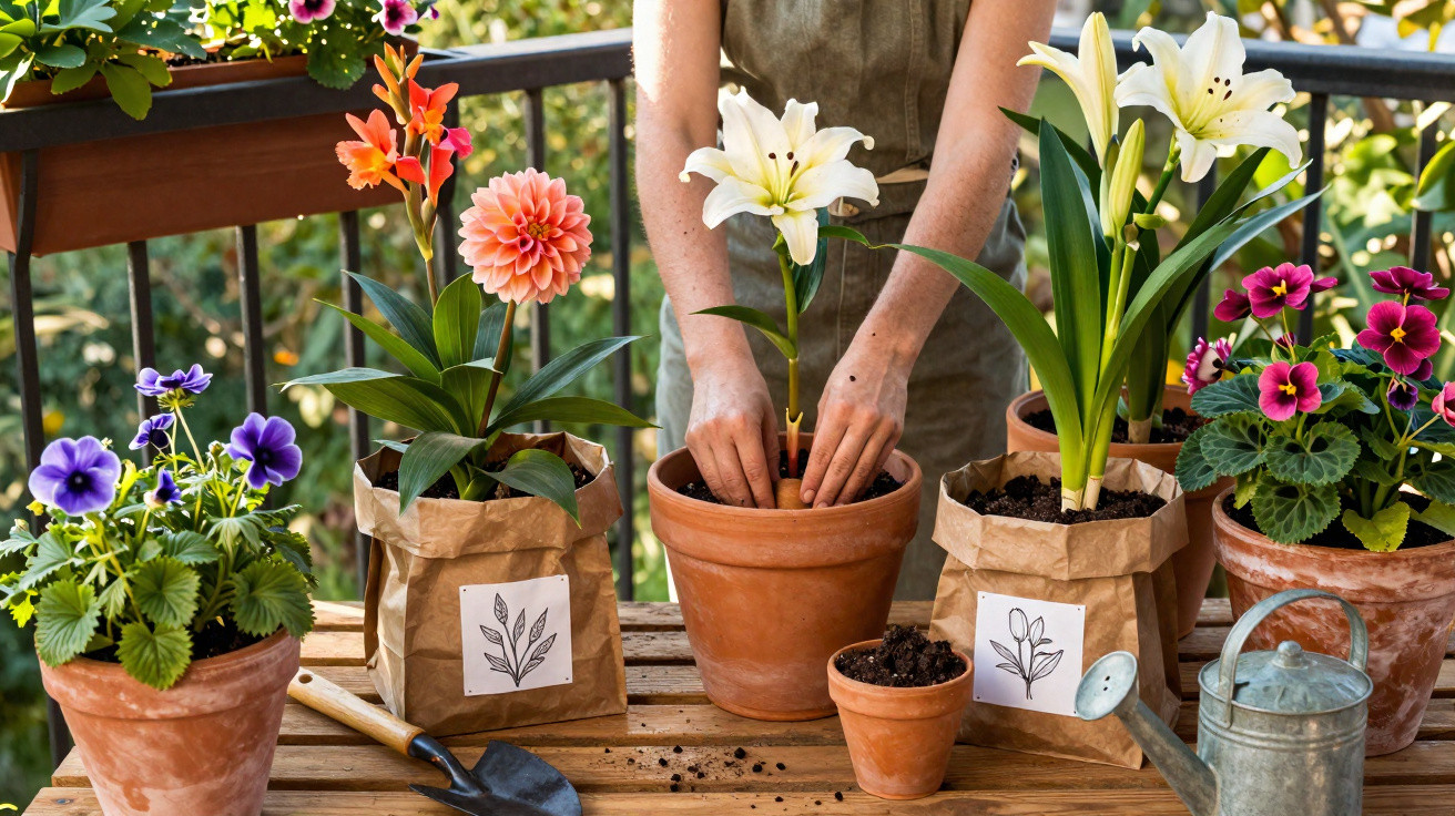 Pessoas transplantando flores variadas em vasos de barro e sacos de papel na mesa de madeira ao ar livre.