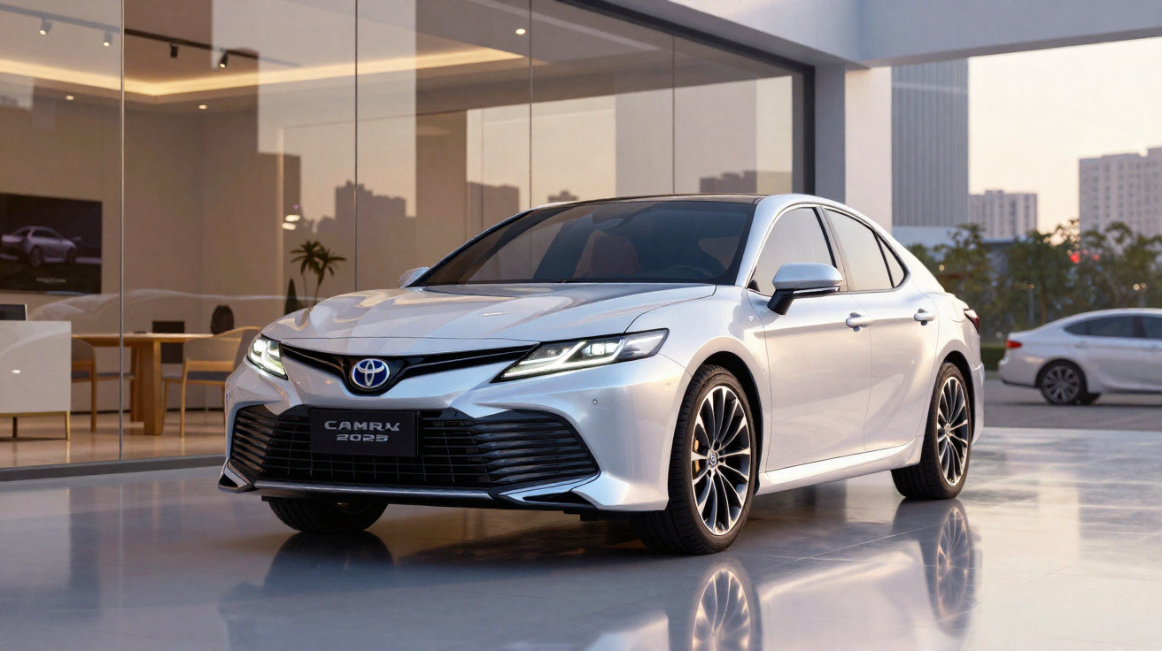 Carro sedan Toyota Camry 2023 prata estacionado em frente a prédio com parede de vidro ao entardecer.