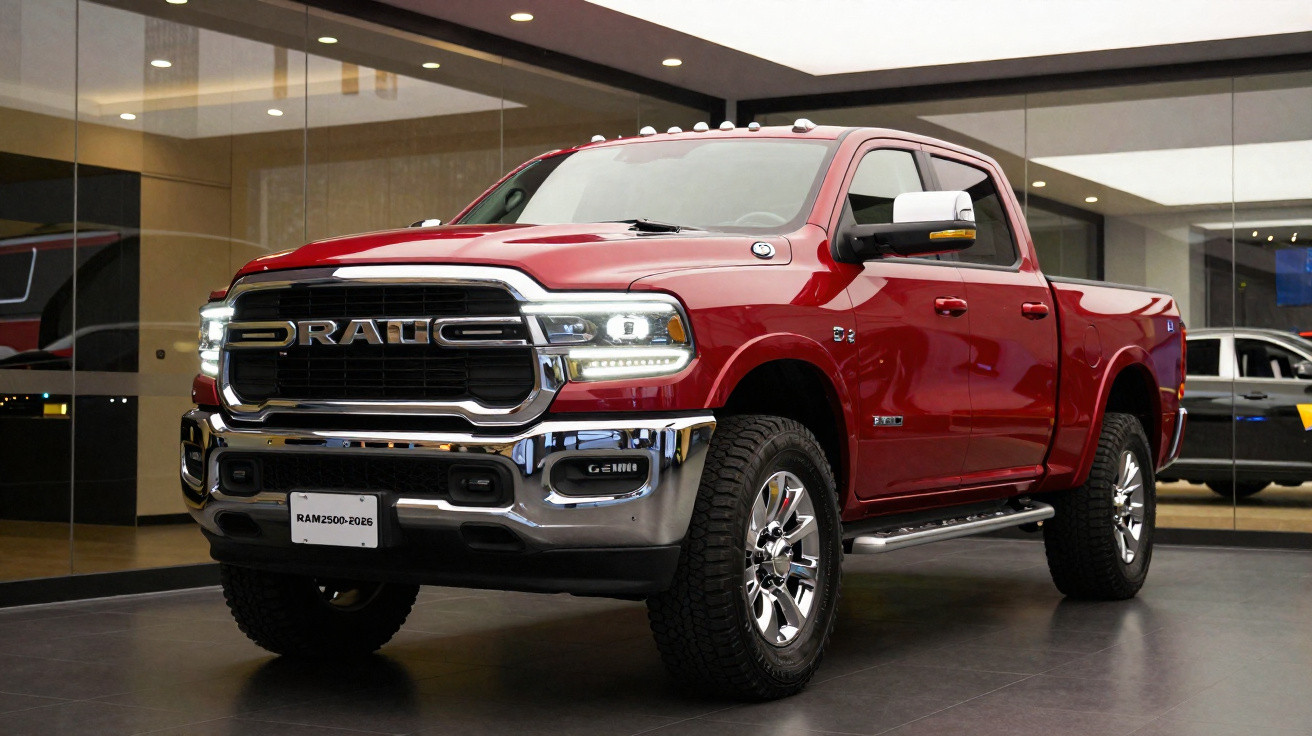 Picape vermelha RAM 2500 2026 estacionada em showroom com iluminação moderna.