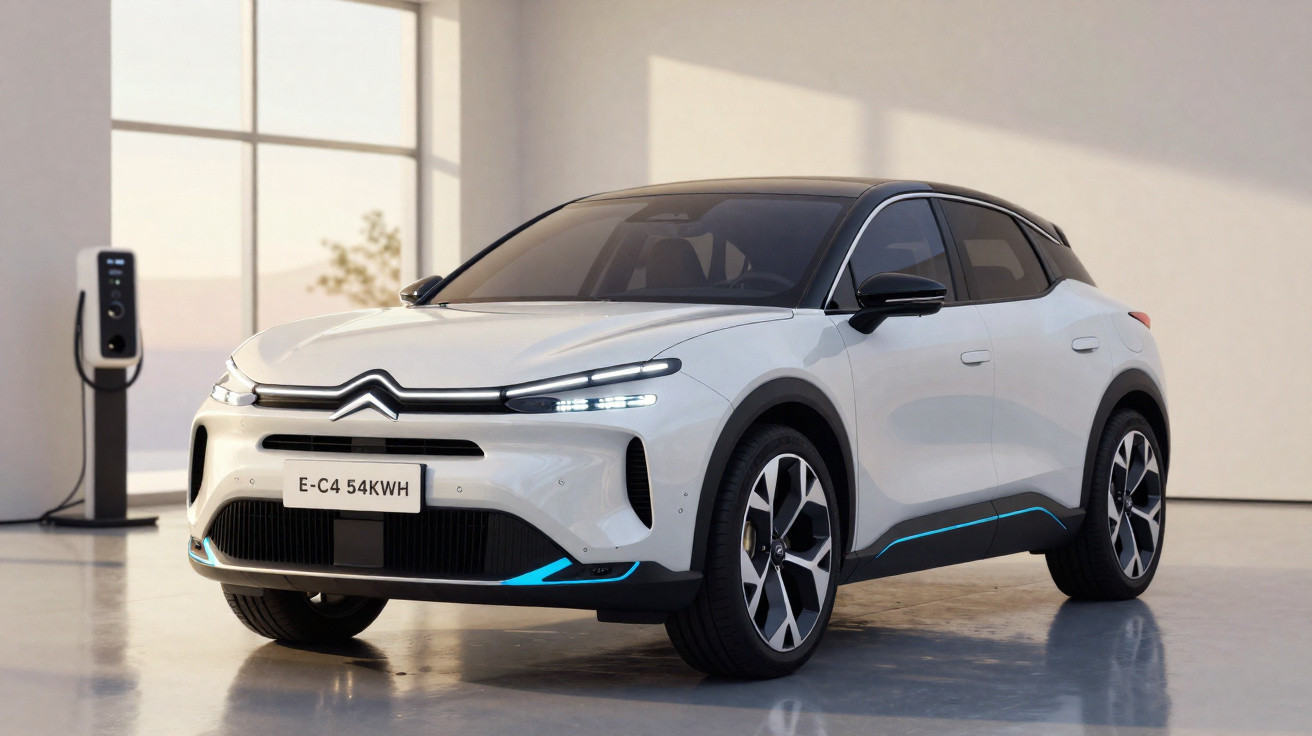 Carro elétrico branco Citroën E-C4 estacionado em ambiente interno com carregador ao fundo.