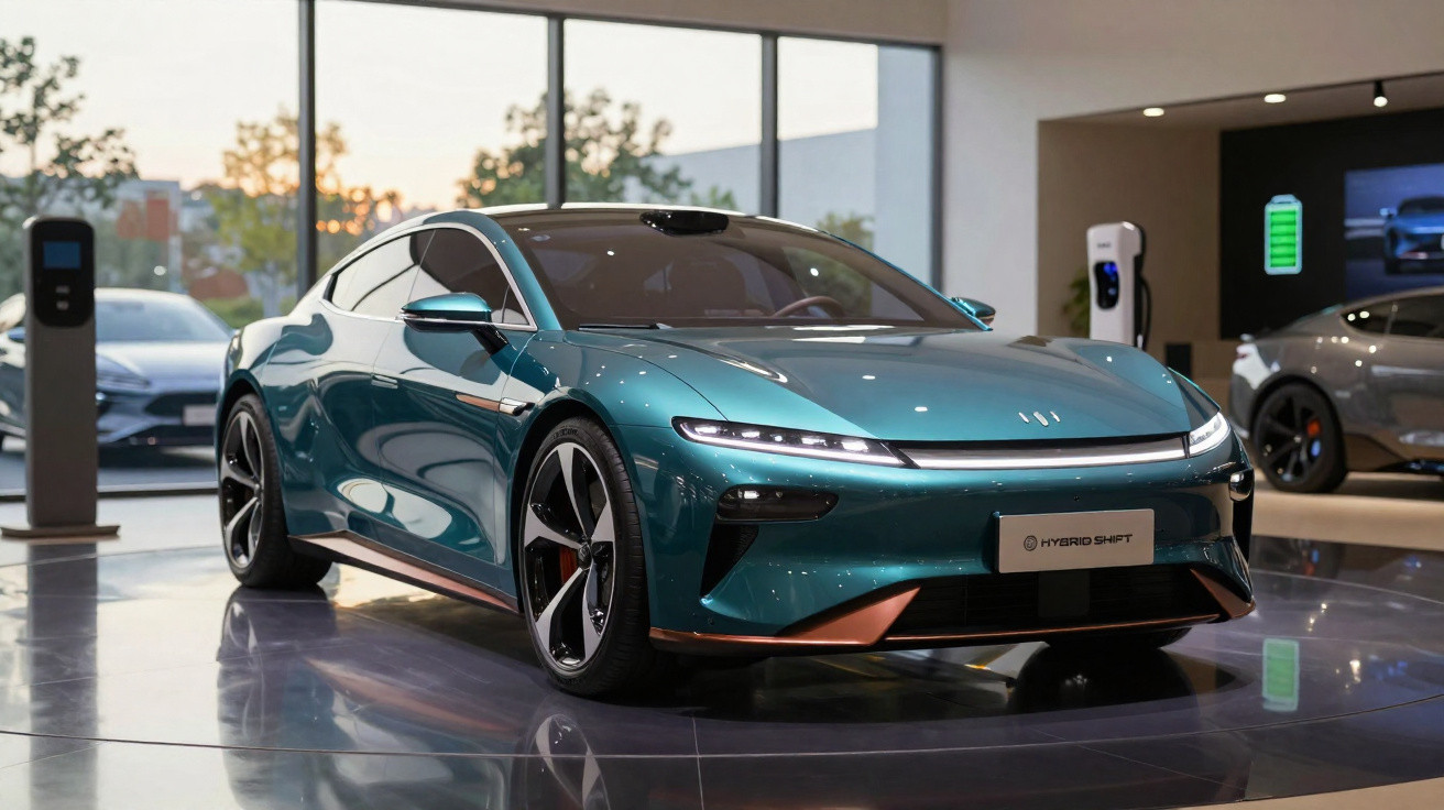 Carro elétrico azul metálico em exposição interna com estação de recarga ao fundo.