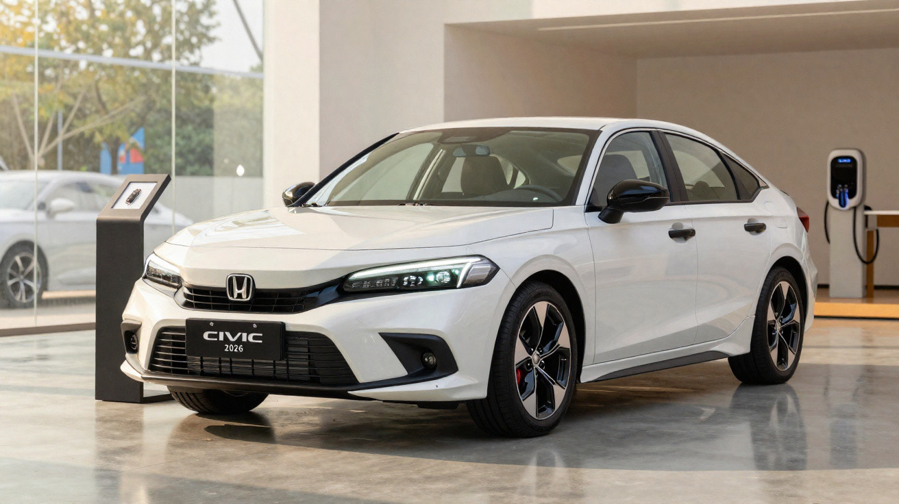 Carro Honda Civic 2026 branco estacionado em ambiente interno de showroom moderno.