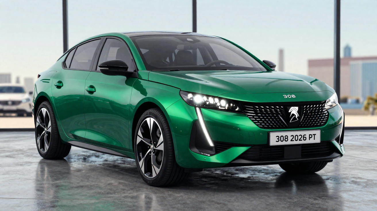 Carro sedan verde metálico Peugeot 308 2026 estacionado em ambiente interno moderno.