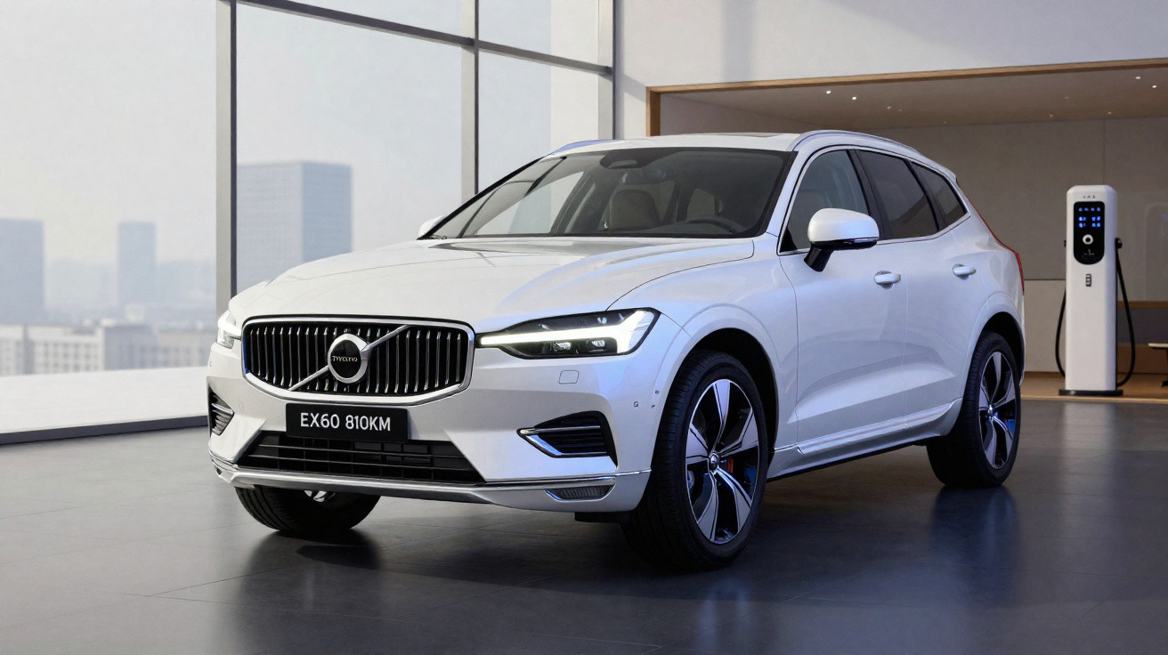 Carro Volvo EX60 branco estacionado em showroom moderno com estação de recarga elétrica ao fundo.