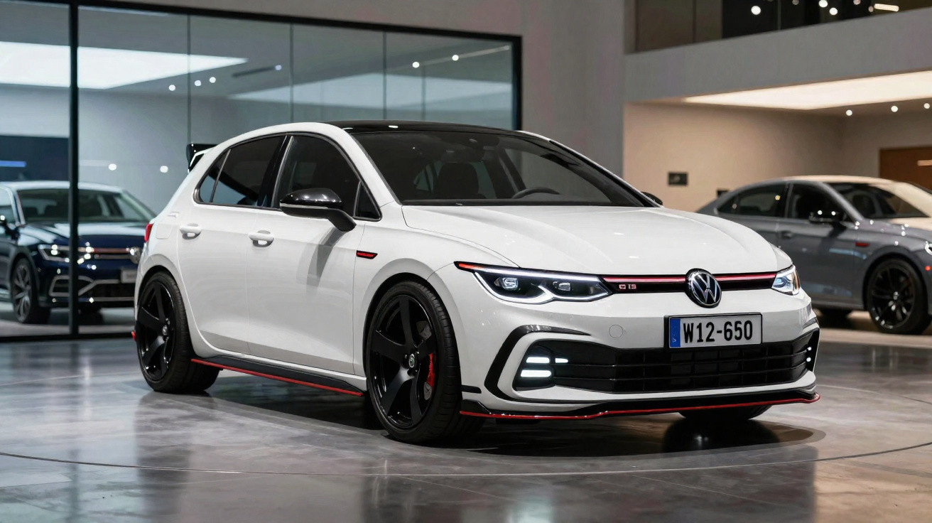 Carro Volkswagen Golf GTI branco em showroom com rodas pretas e detalhes vermelhos.