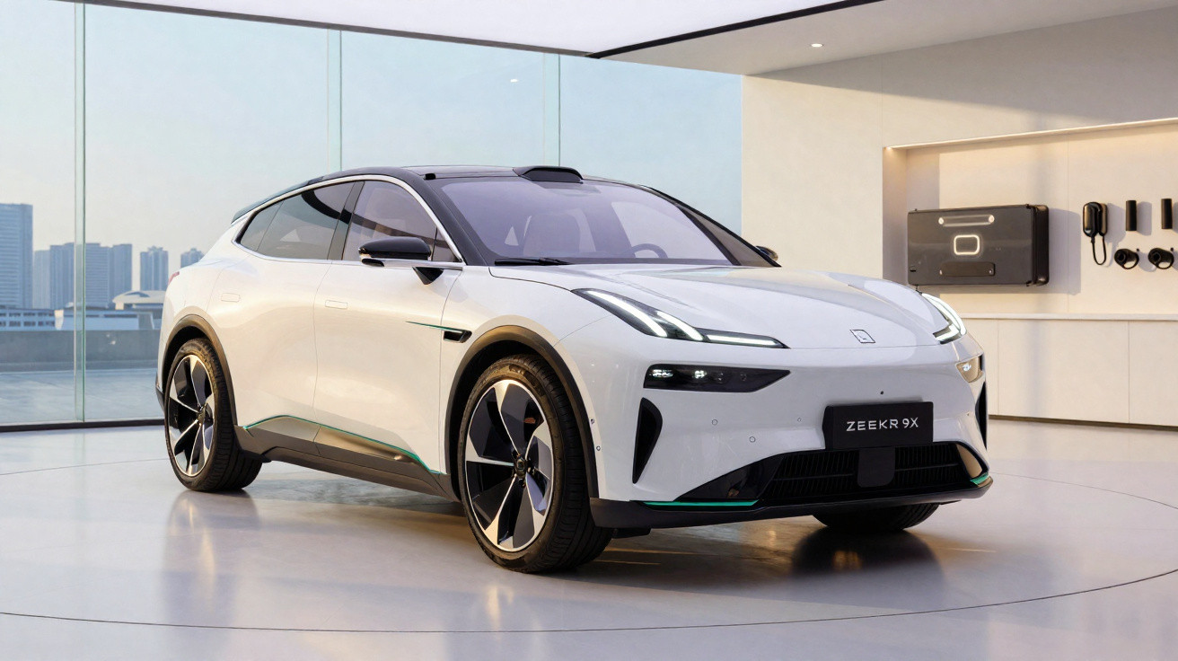 Carro elétrico Zeekr 9X branco em ambiente interno moderno com vista urbana ao fundo.
