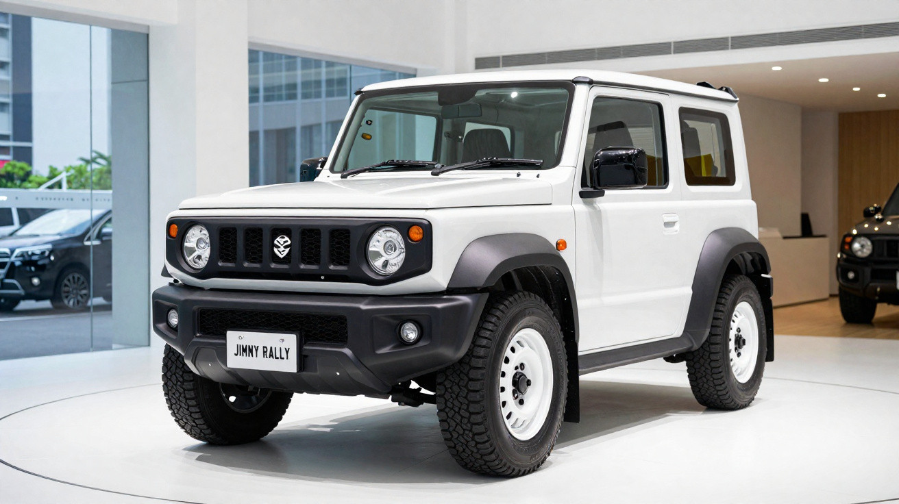 SUV branco Suzuki Jimny Rally exposto em showroom moderno com paredes de vidro.