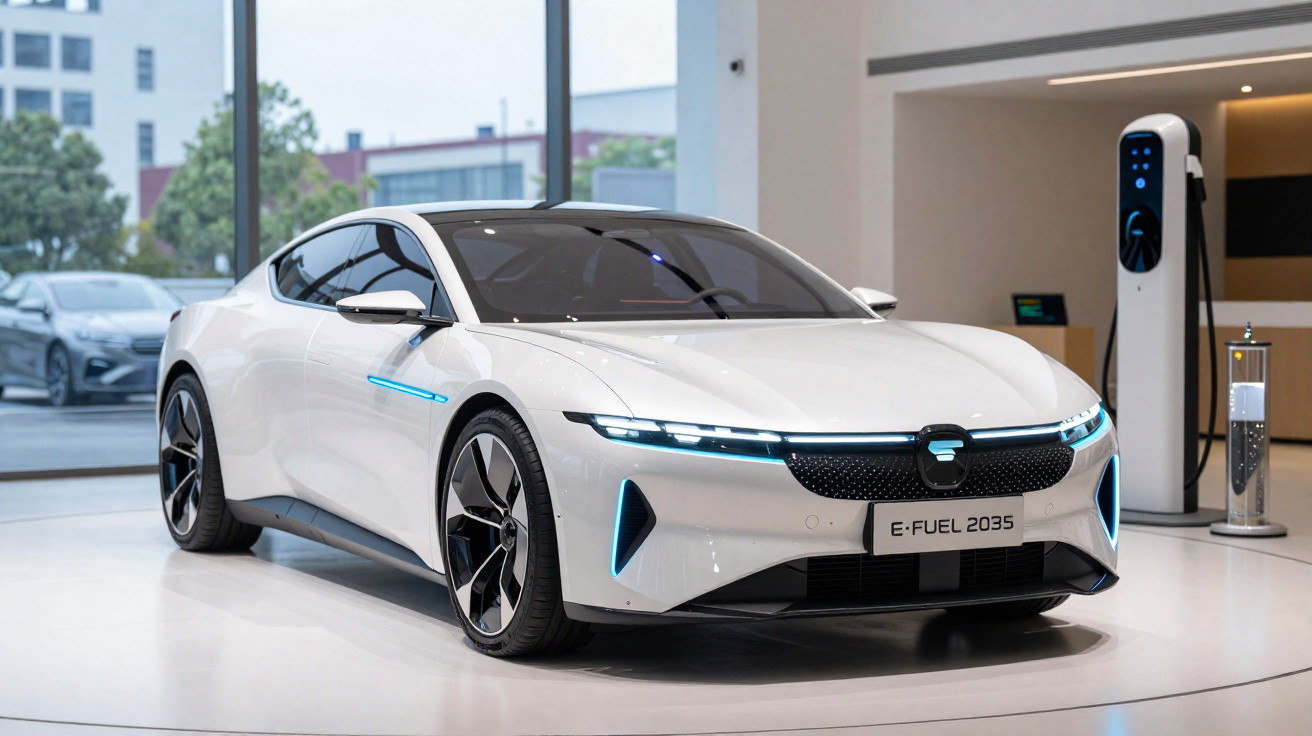 Carro elétrico branco futurista estacionado em sala de exposição com estação de recarga visível ao fundo.