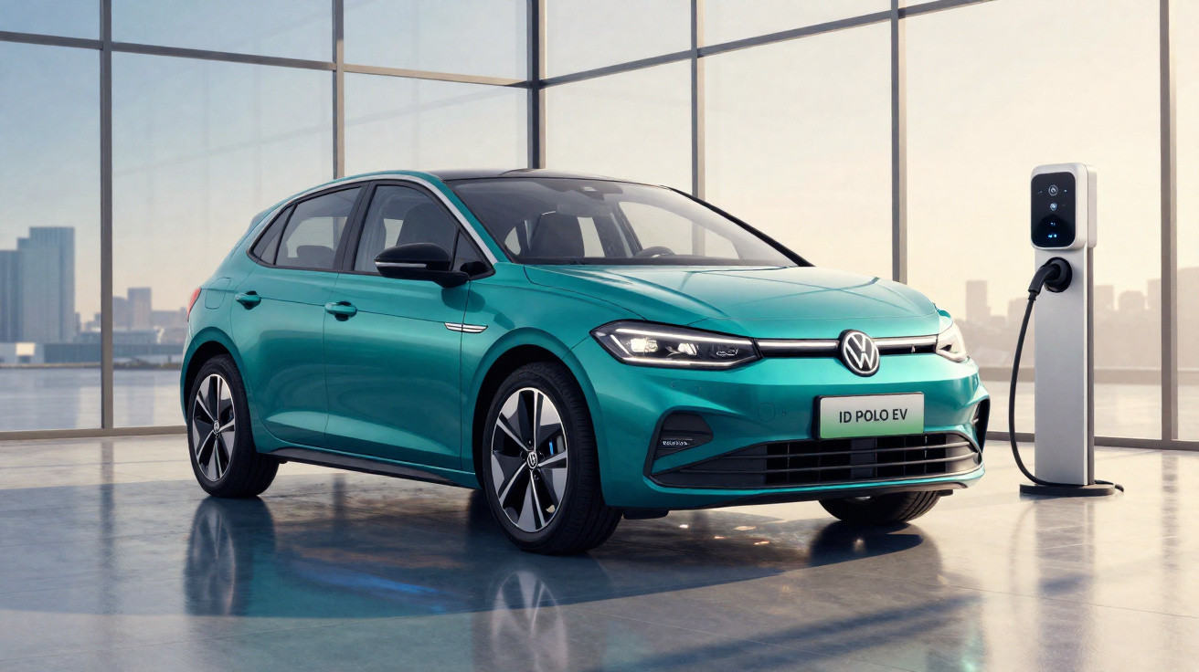 Carro elétrico Volkswagen ID Polo EV verde conectado a estação de recarga em ambiente interno moderno.