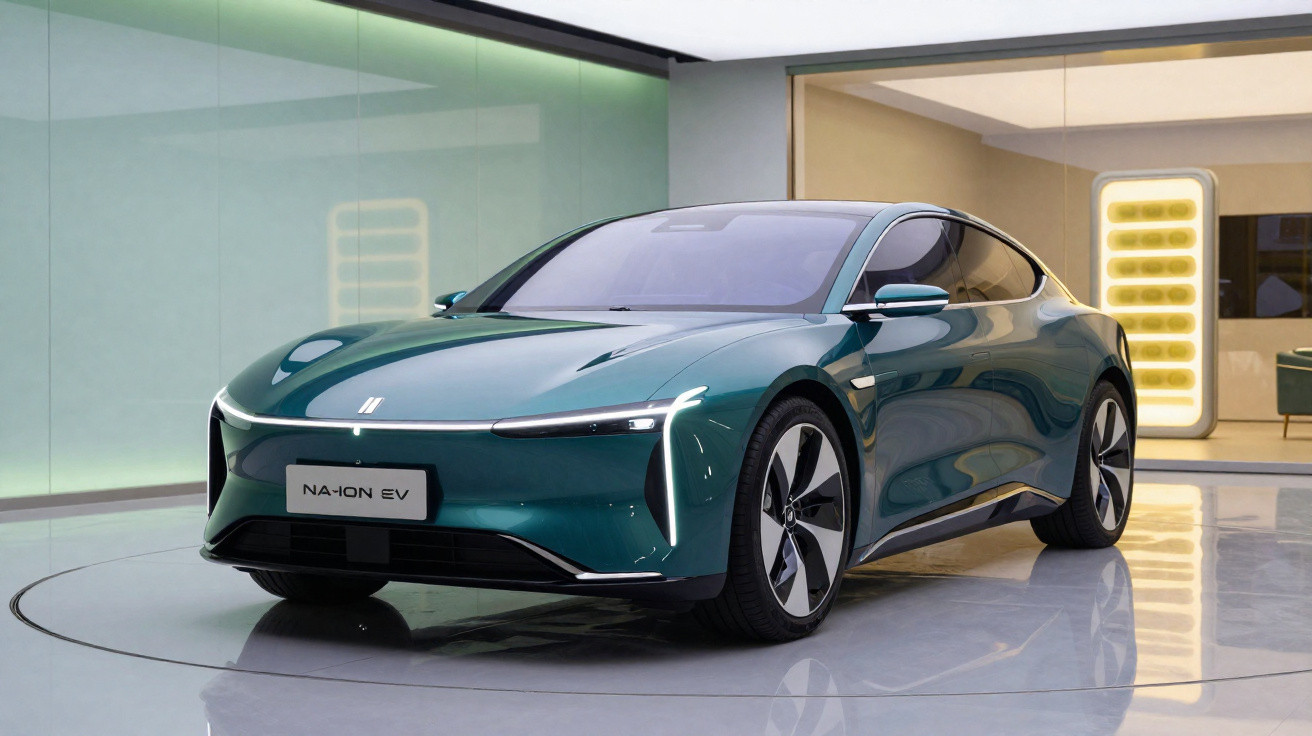 Carro elétrico verde escuro com design moderno em ambiente interno iluminado e paredes de vidro.