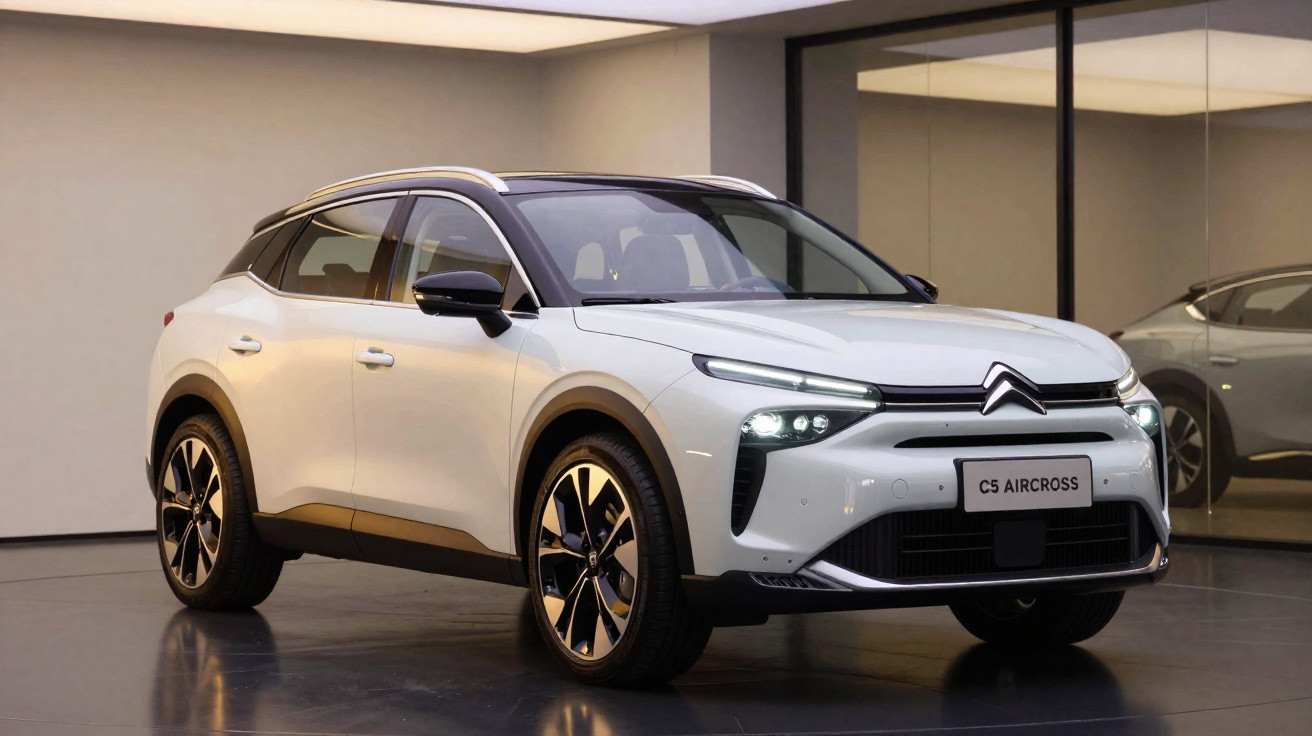 SUV branco Citroën C5 Aircross estacionado em ambiente interno moderno e bem iluminado.