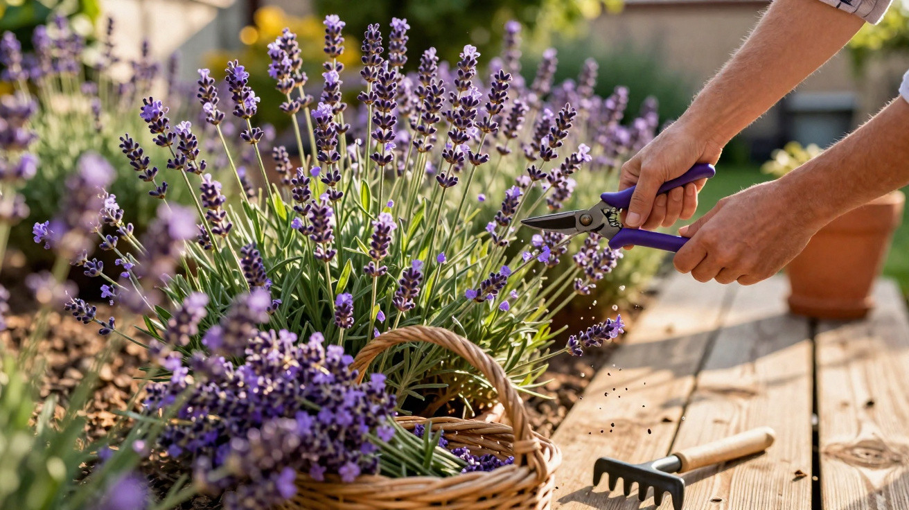 Pessoa colhendo flores de lavanda com tesoura em jardim ensolarado, cesta de colheita ao lado.