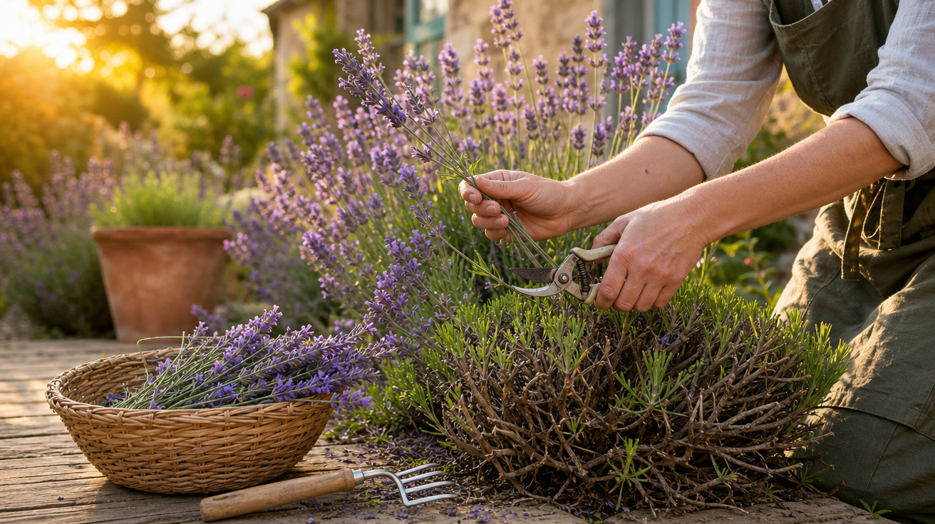 Pessoa colhendo ramos de lavanda com tesoura de poda em jardim ao pôr do sol.