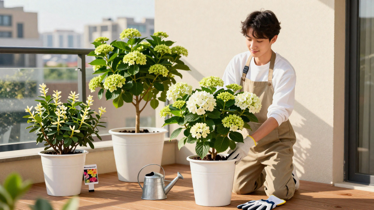 Pessoa cuidando de plantas com flores em vasos brancos em uma varanda ensolarada.