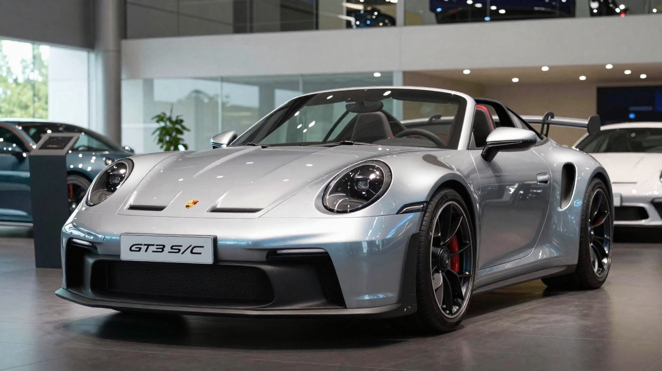 Carro esportivo Porsche GT3 5/C prata estacionado em showroom moderno e iluminado.