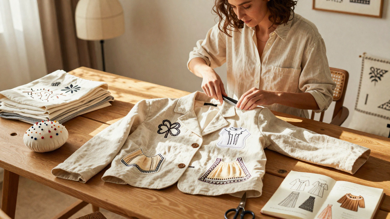 Mulher personalizando jaqueta branca com patches bordados sentada à mesa de madeira.