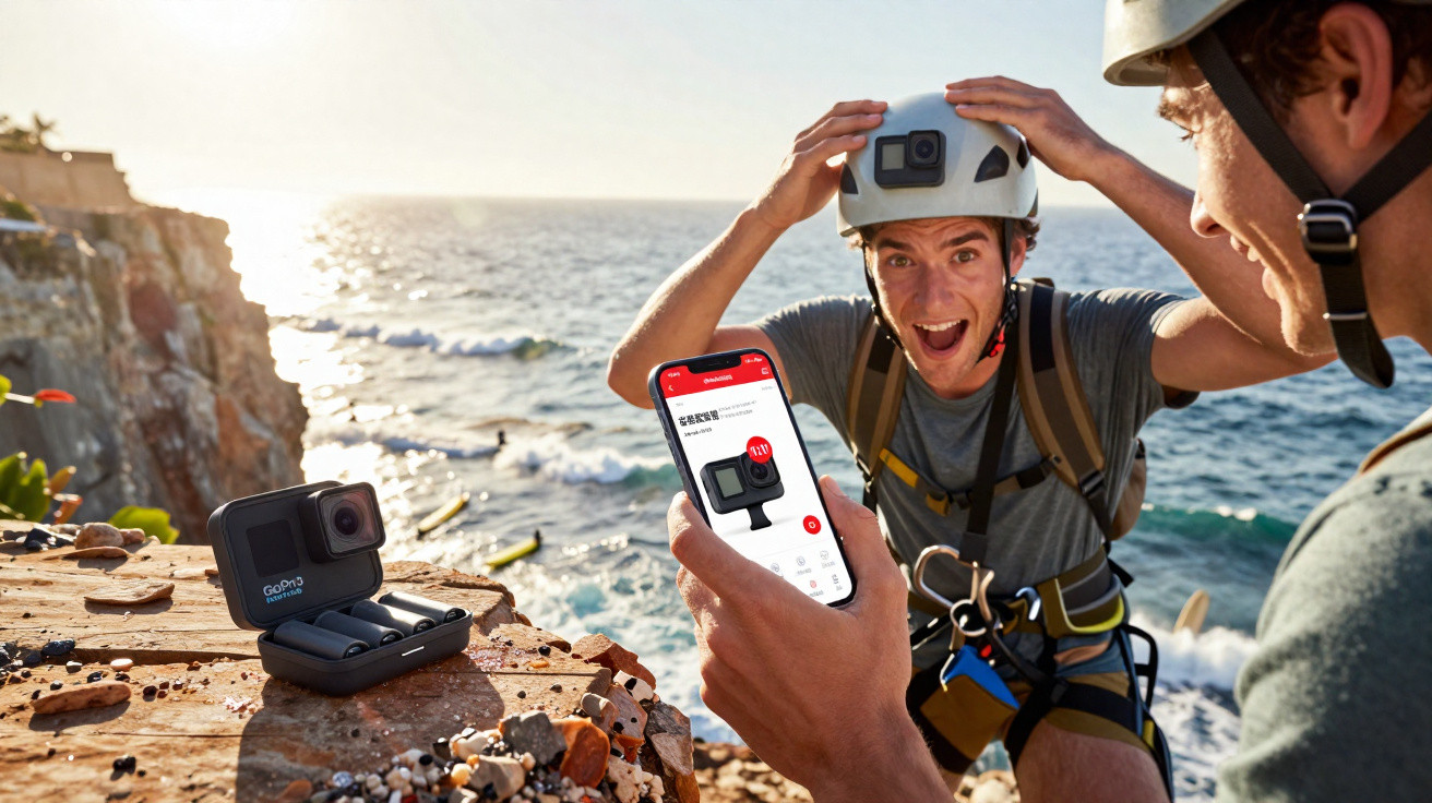 Pessoa segurando celular com aplicativo de câmera GoPro, outra pessoa animada com capacete e mar ao fundo.