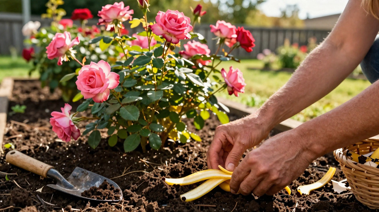 Mãos masculinas cuidando de um jardim com rosas rosas e ferramentas de jardinagem ao ar livre.