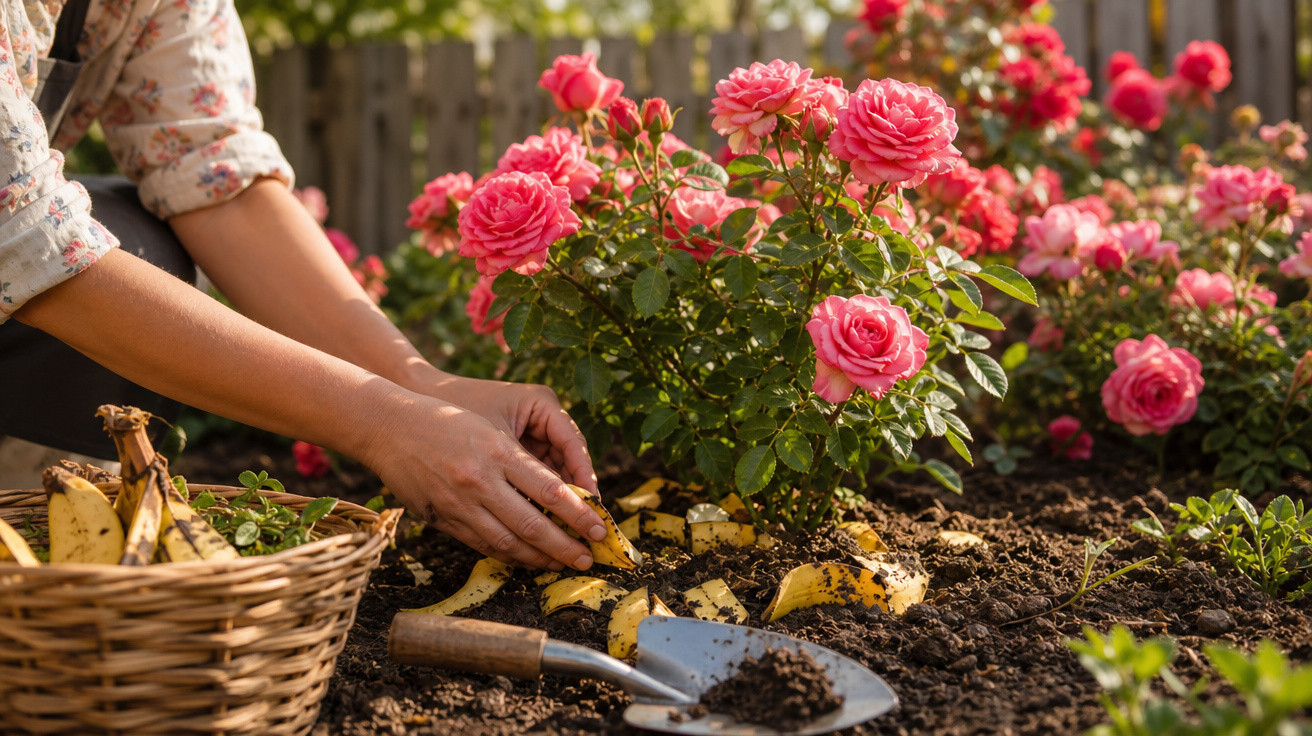 Pessoa adiciona cascas de banana ao solo próximo a rosa vermelha em jardim ensolarado, com ferramenta de jardinagem.
