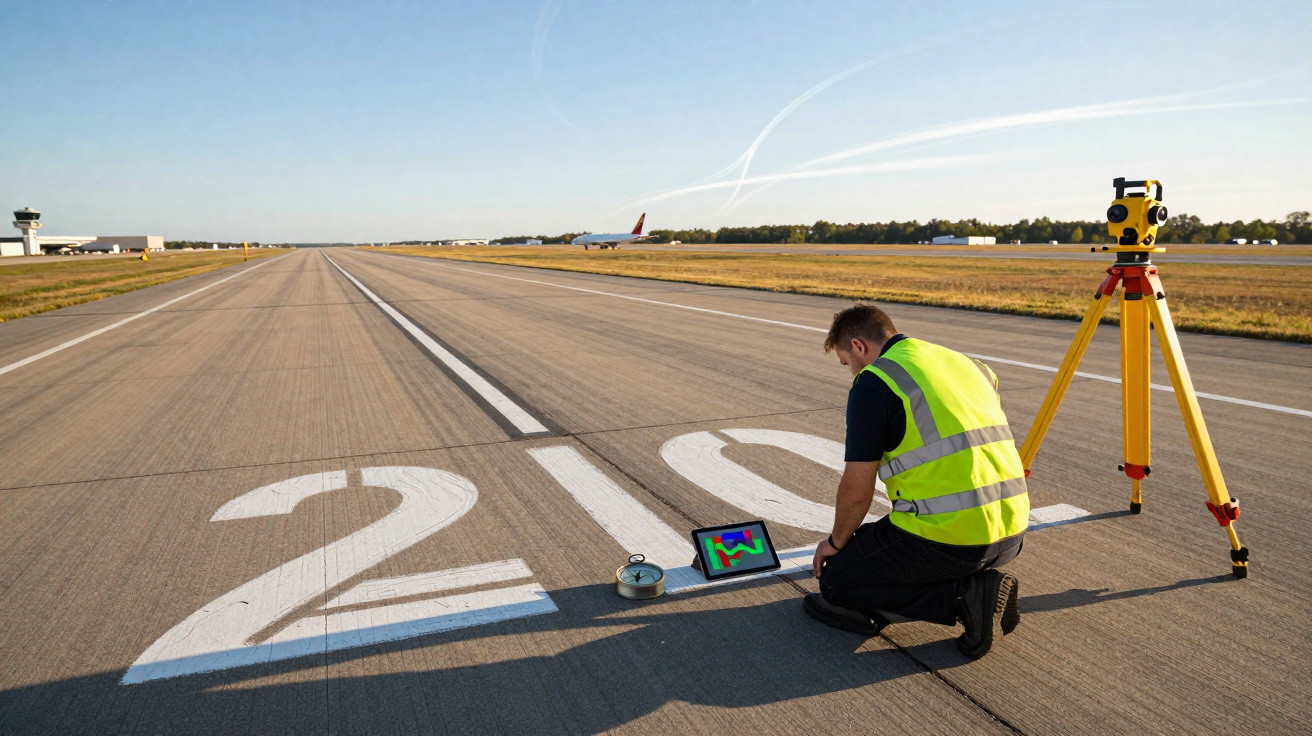 Homem com colete refletivo usa tablet em pista de aeroporto perto de equipamento de topografia.