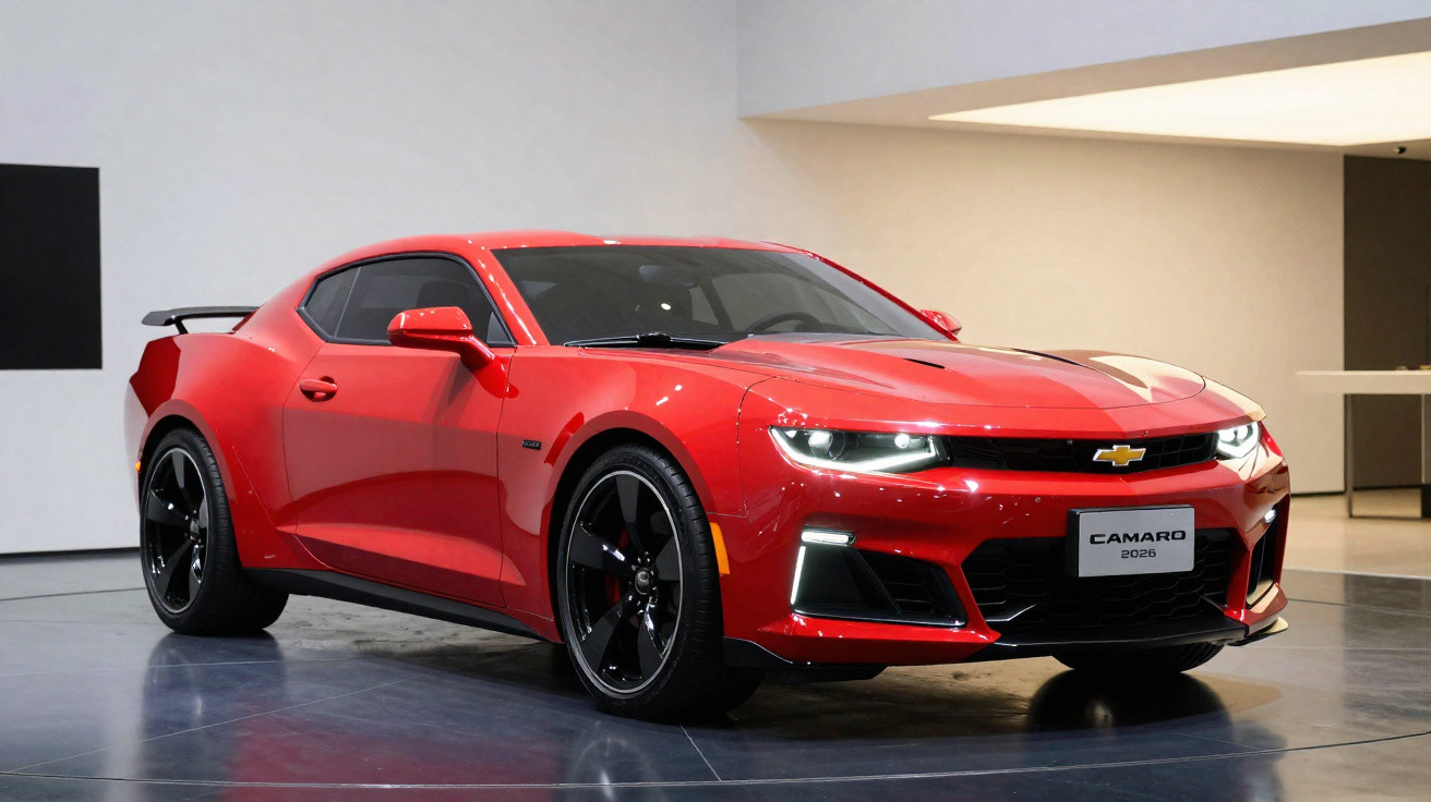 Carro esportivo Chevrolet Camaro 2026 vermelho exibido em ambiente interno com destaque para faróis e rodas pretas.