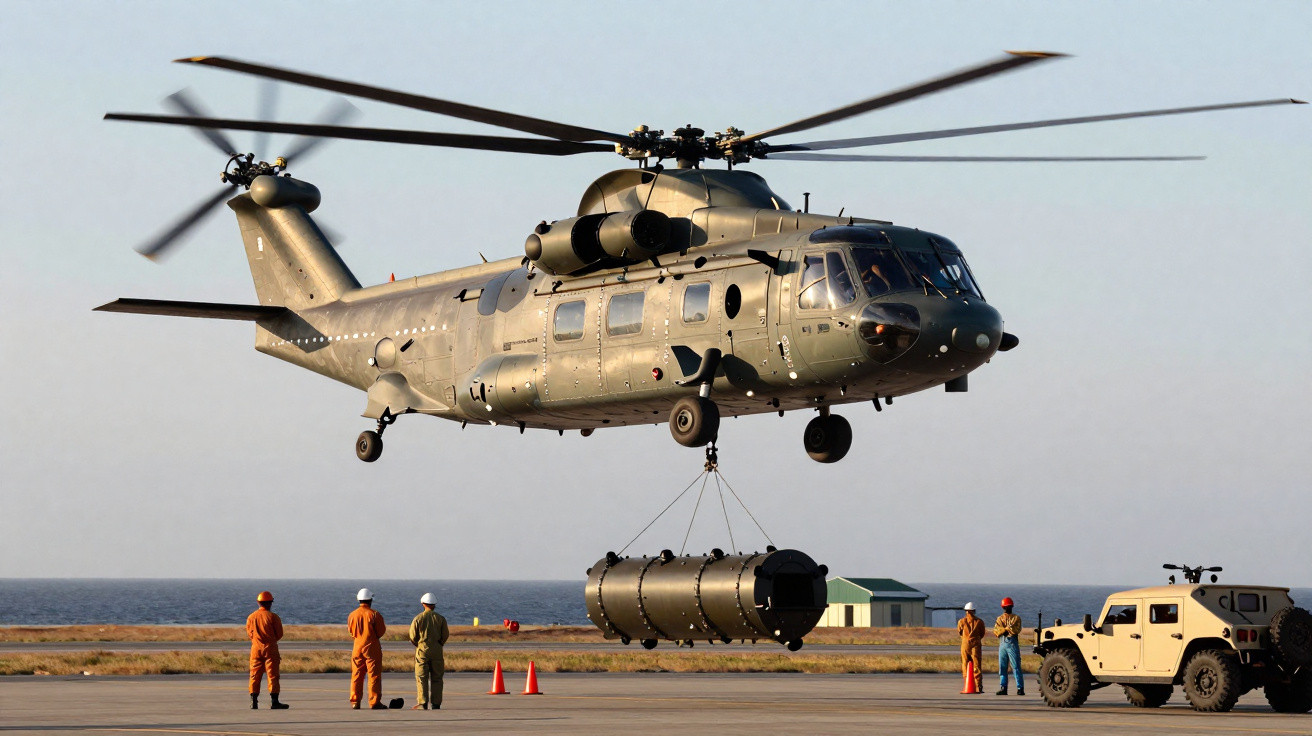 Helicóptero militar transporta carga pesada com equipe e veículo na pista próxima ao mar.