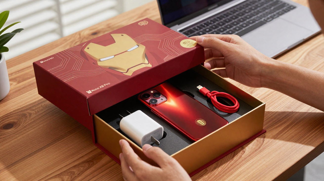 Caixa temática do Iron Man aberta com celular vermelho, carregador branco e cabo USB vermelho sobre mesa de madeira.