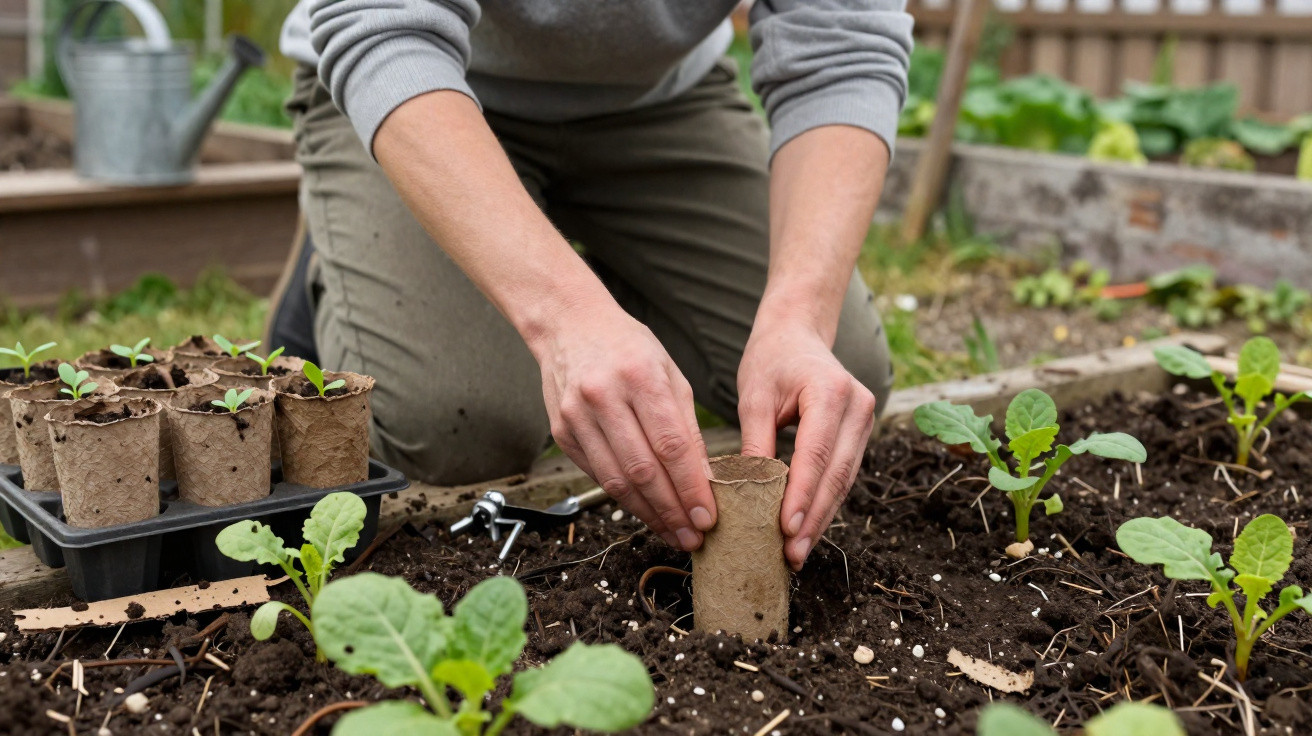 Pessoa plantando mudas em jardim, com vasos biodegradáveis e plantas verdes ao redor.