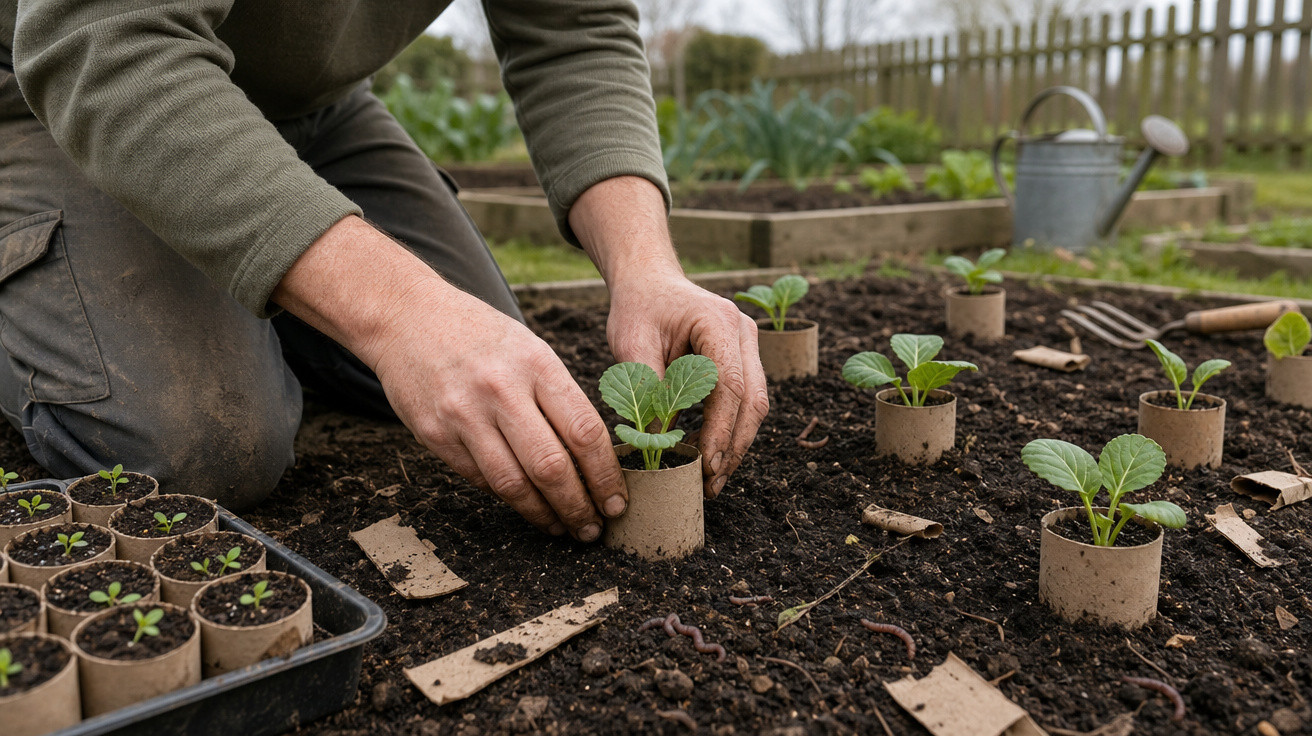 Mãos plantando mudas verdes em pequenos vasos de papel no solo de um jardim ao ar livre.