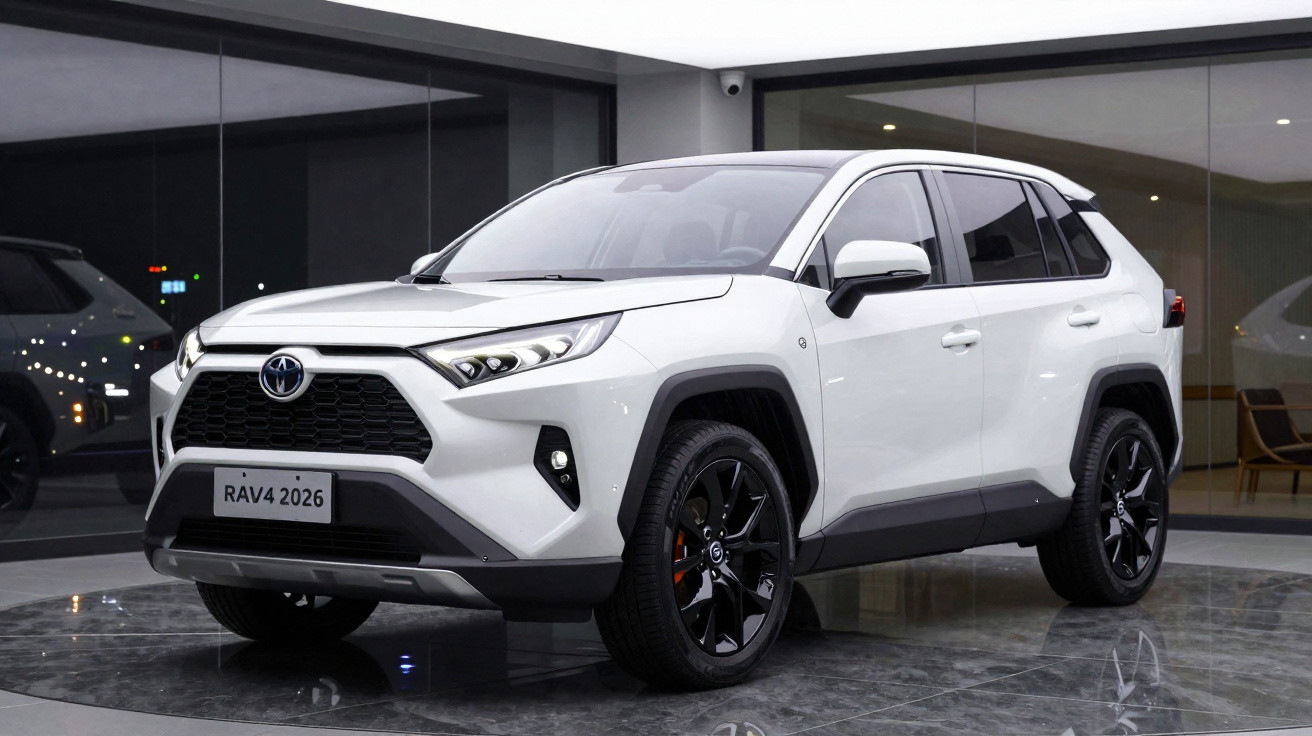 SUV Toyota RAV4 2026 branco exibido em showroom com rodas pretas e design moderno.
