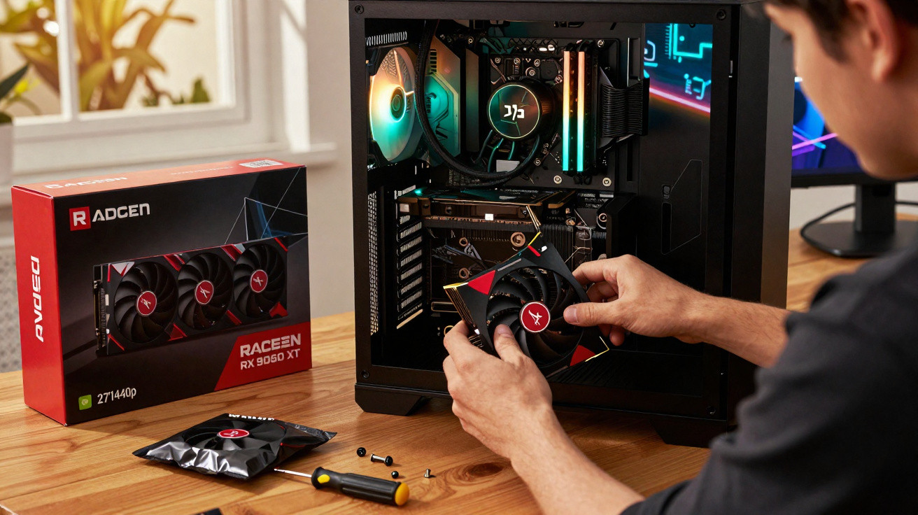 Pessoa instalando placa de vídeo Radeon RX 6950 XT em computador desktop preto sobre mesa de madeira.