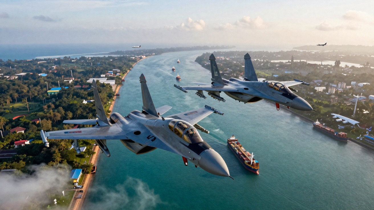 Dois caças militares voando sobre um canal com navios e áreas urbanas ao redor.
