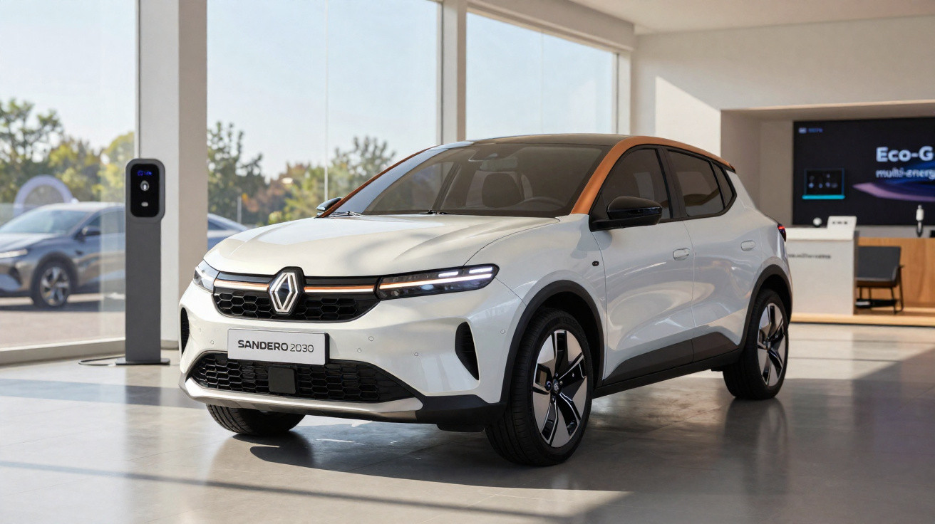 Carro elétrico Renault Sandero 2030 branco com teto cobre em showroom moderno e iluminado.