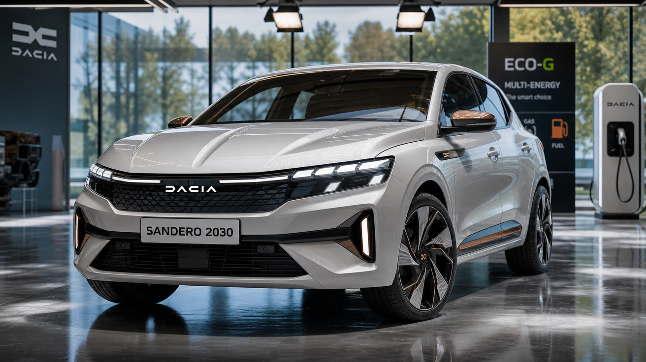 Carro Dacia Sandero 2030 branco em showroom moderno com painel e suporte de carregamento ao fundo.
