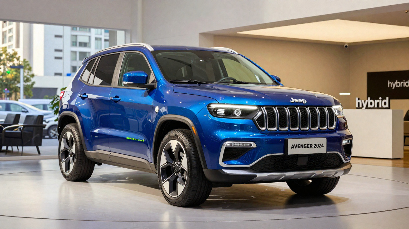 Carro Jeep Avenger 2024 azul exposto em showroom moderno com destaque para frente e rodas.