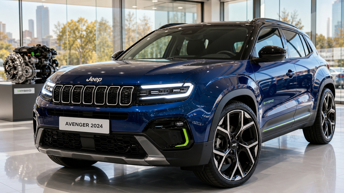 Jeep Avenger 2024 azul exibido em showroom com motor híbrido ao fundo.