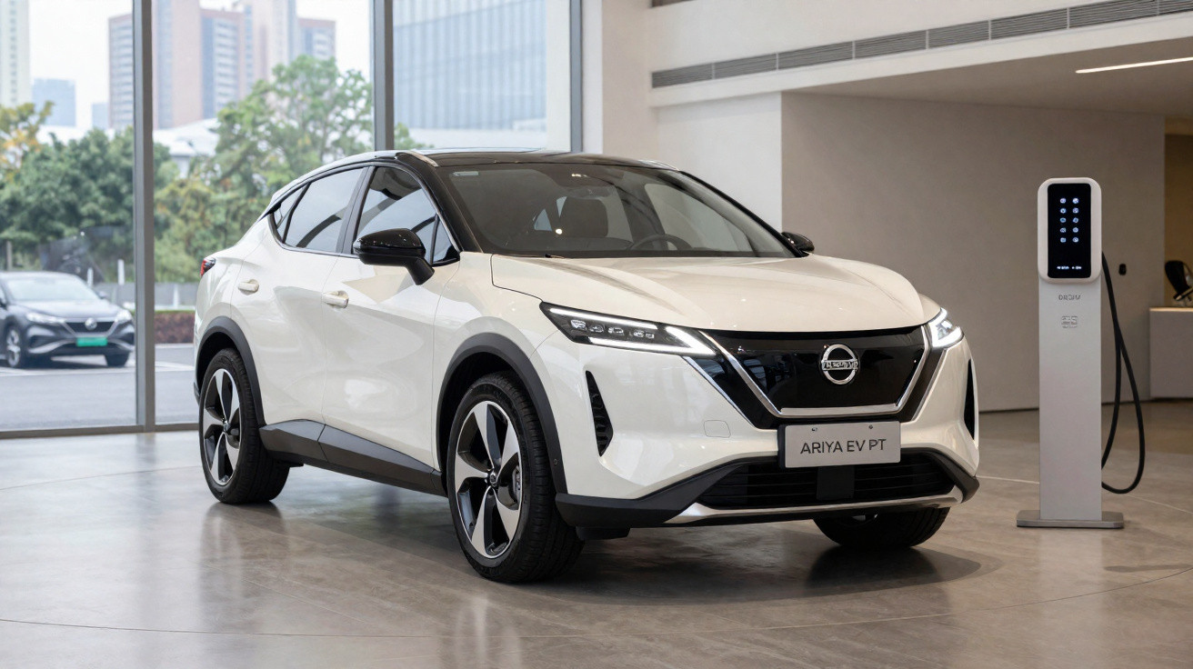 Carro elétrico Nissan Ariya branco estacionado ao lado de um carregador em ambiente interno.