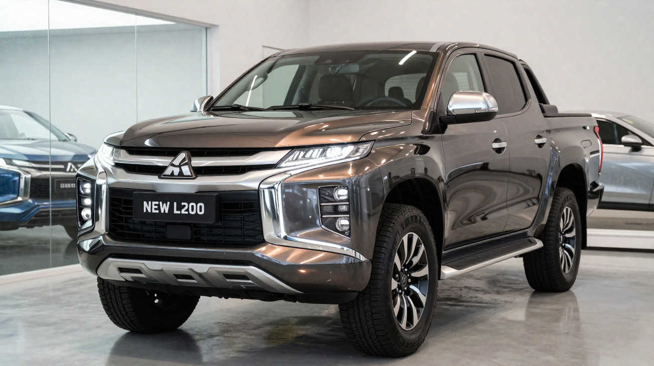 Picape cinza Mitsubishi New L200 exibida em showroom com design moderno e robusto.