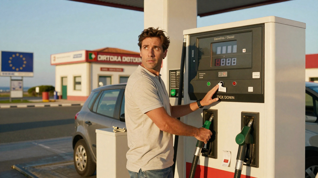 Homem com camiseta cinza abastecendo carro cinza em posto de gasolina ao ar livre.