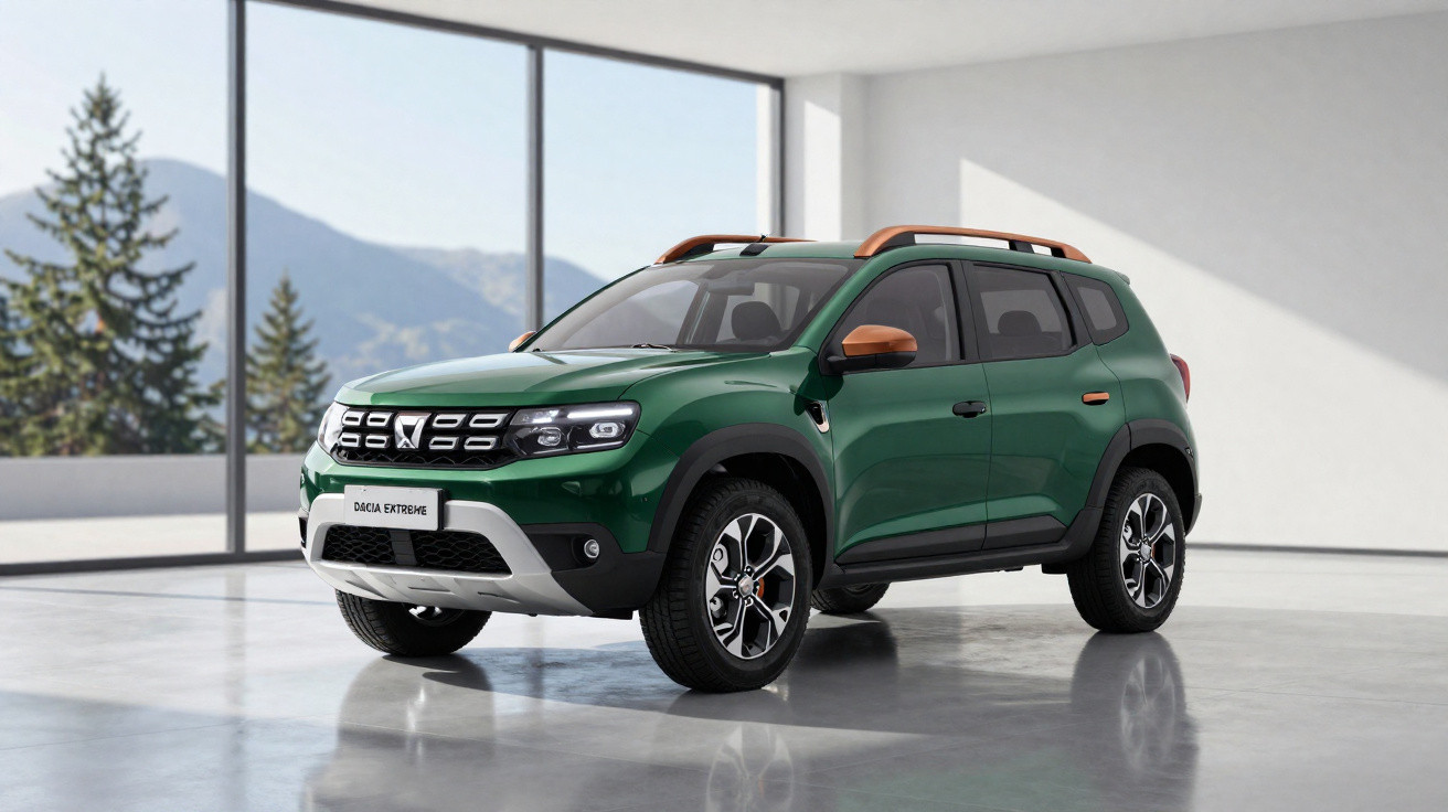 SUV verde Dacia Extreme estacionado em ambiente interno com janelas grandes e vista para montanhas.