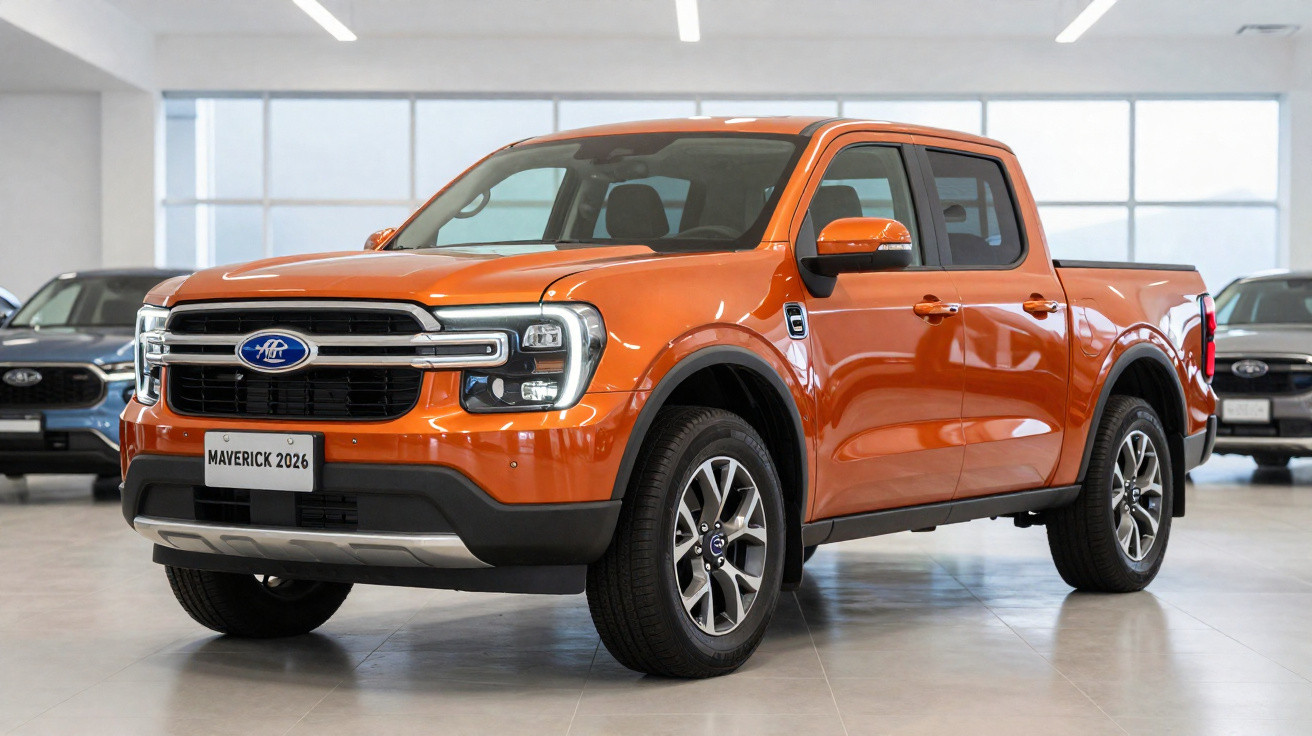 Picape Ford Maverick 2026 laranja em exposição dentro de salão de veículos.