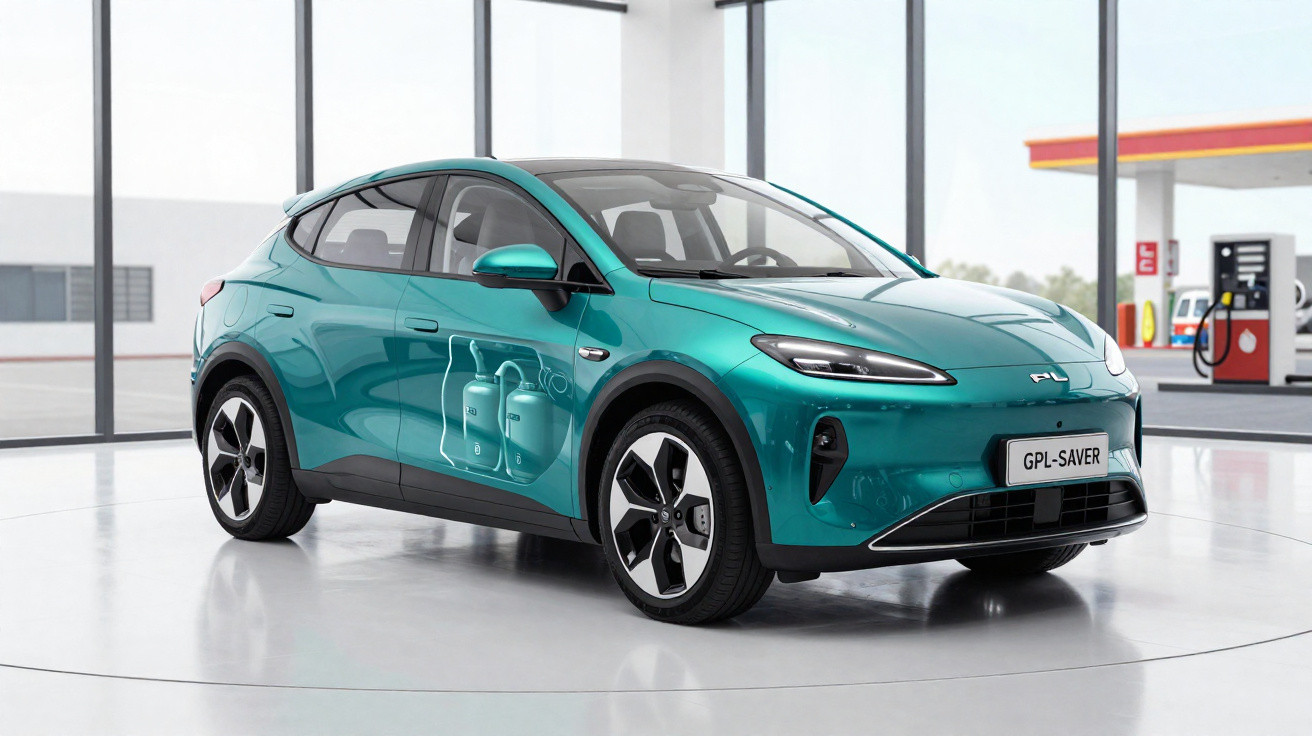 Carro elétrico verde azulado GLS-Saver em exposição, com gráficos de botijões de gás nas portas.