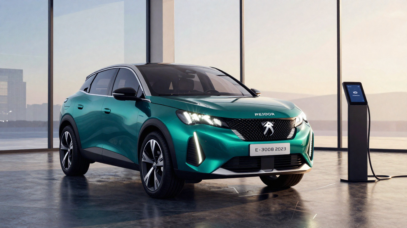 Carro elétrico Peugeot E-3008 2023 verde estacionado próximo a estação de recarga em ambiente interno.