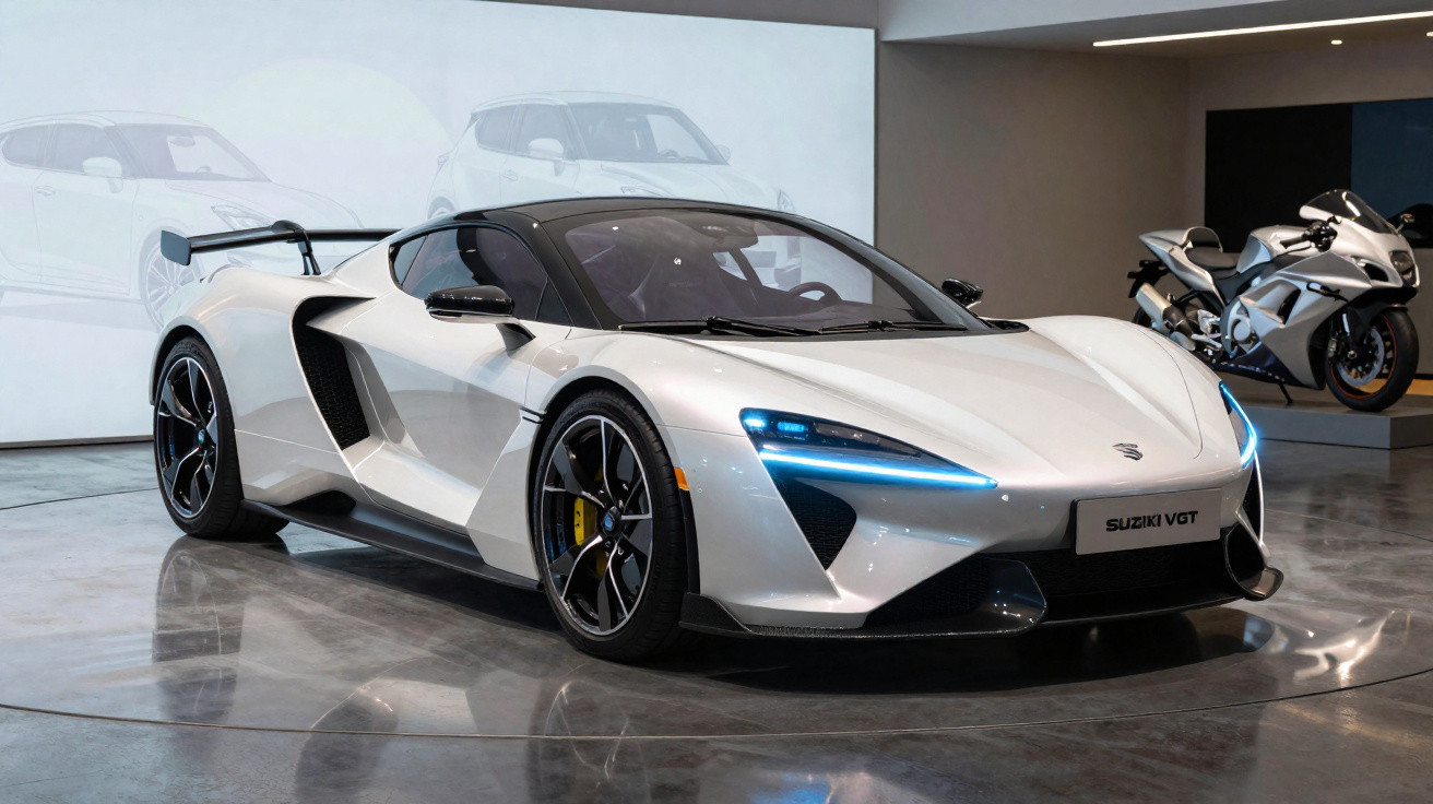 Carro esportivo branco com luzes azuis acesas e moto branca ao fundo em showroom moderno.