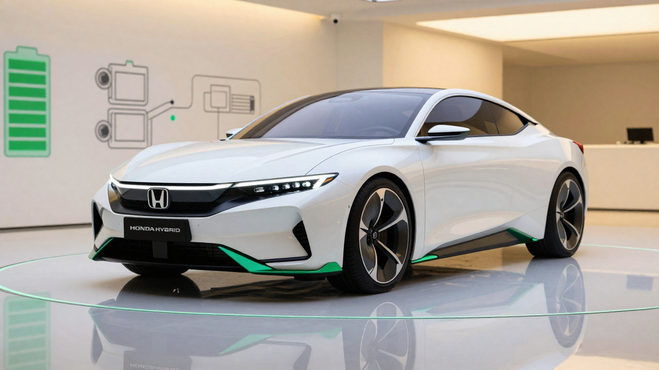 Carro branco Honda híbrido exibido em ambiente tecnológico com ícones de bateria ao fundo.